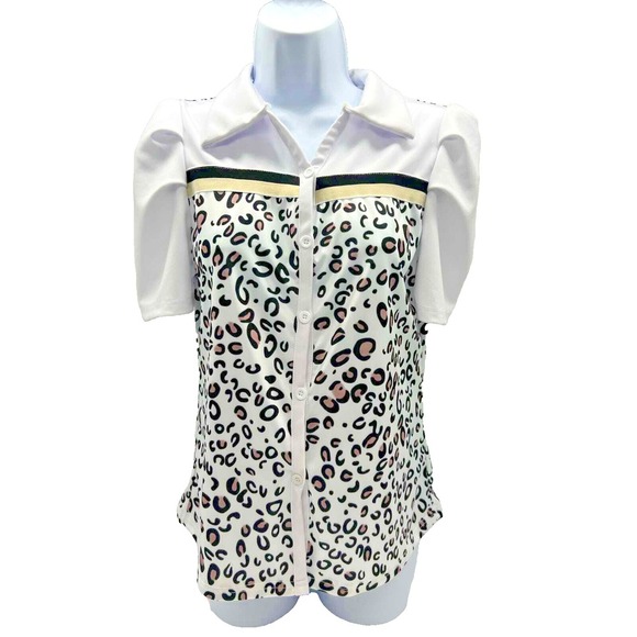 Annie Qin Fashion Button Front White Animal Print Short Puff Sleeve M Maximilast - Picture 1 of 9